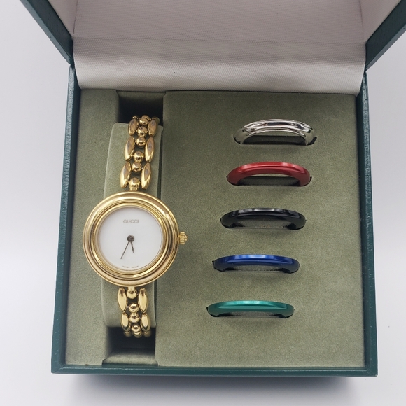 ROW!! Vintage Gucci 1980s Quartz Interchangeable Watch Bezel Set Gold Tone - Picture 2 of 10